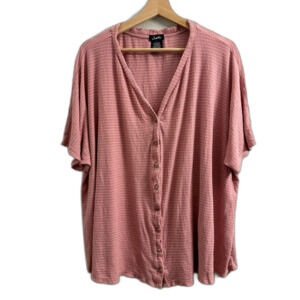 Striped Knit Ribbed V-Neck Button Front Blouse Top Size 3X Pink White